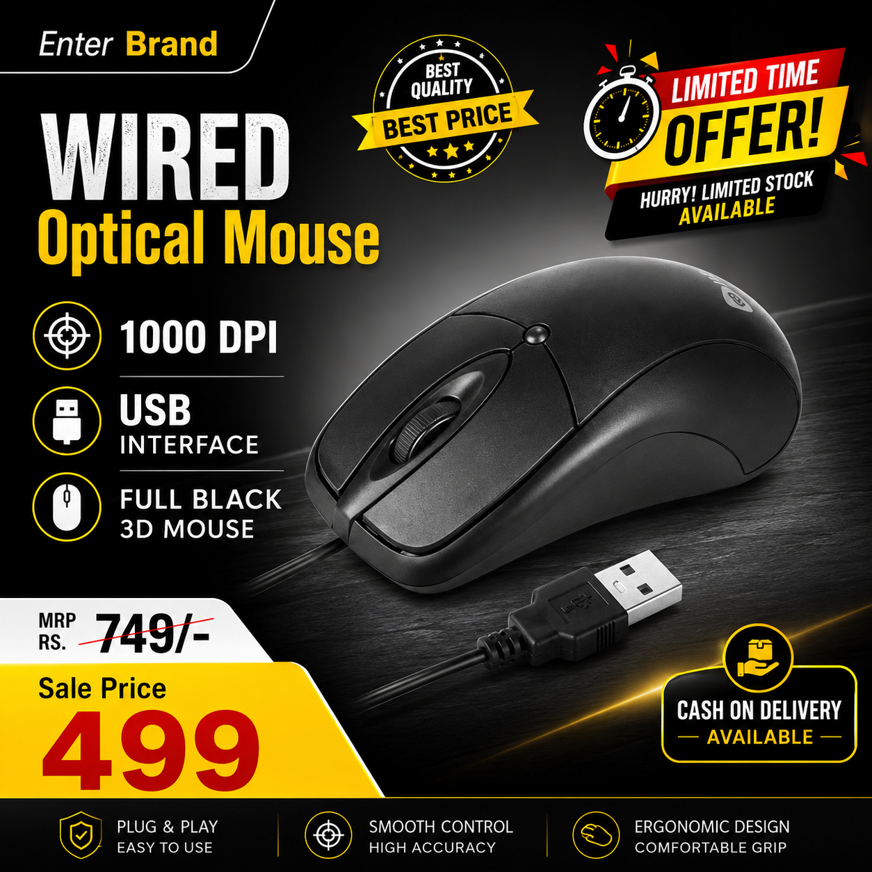 Enter Brand Wired Optical Mouse 1000 DPI USB Full Black 3D Mouse