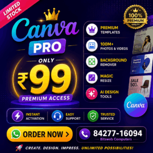 Canva Pro access available for ₹99 with premium templates, stock media, and pro features.