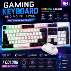 Gaming Keyboard and Mouse Combo | 104 Keys Rainbow Backlit USB Keyboard with 7 Colour RGB Mouse for PC, Laptop | White